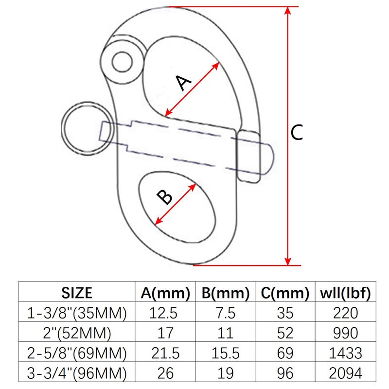 NRC&XRC Pair of 1-3/8(35MM)/2''(52MM)/2-5/8(69MM)/3-3/4"(96MM)(316 Stainless Steel Fixed Bail Snap Shackle for Bracelet, Sailboat16 Stainless Steel Fixed Bail Snap Shackle for Bracelet, Sailboat - Image 3